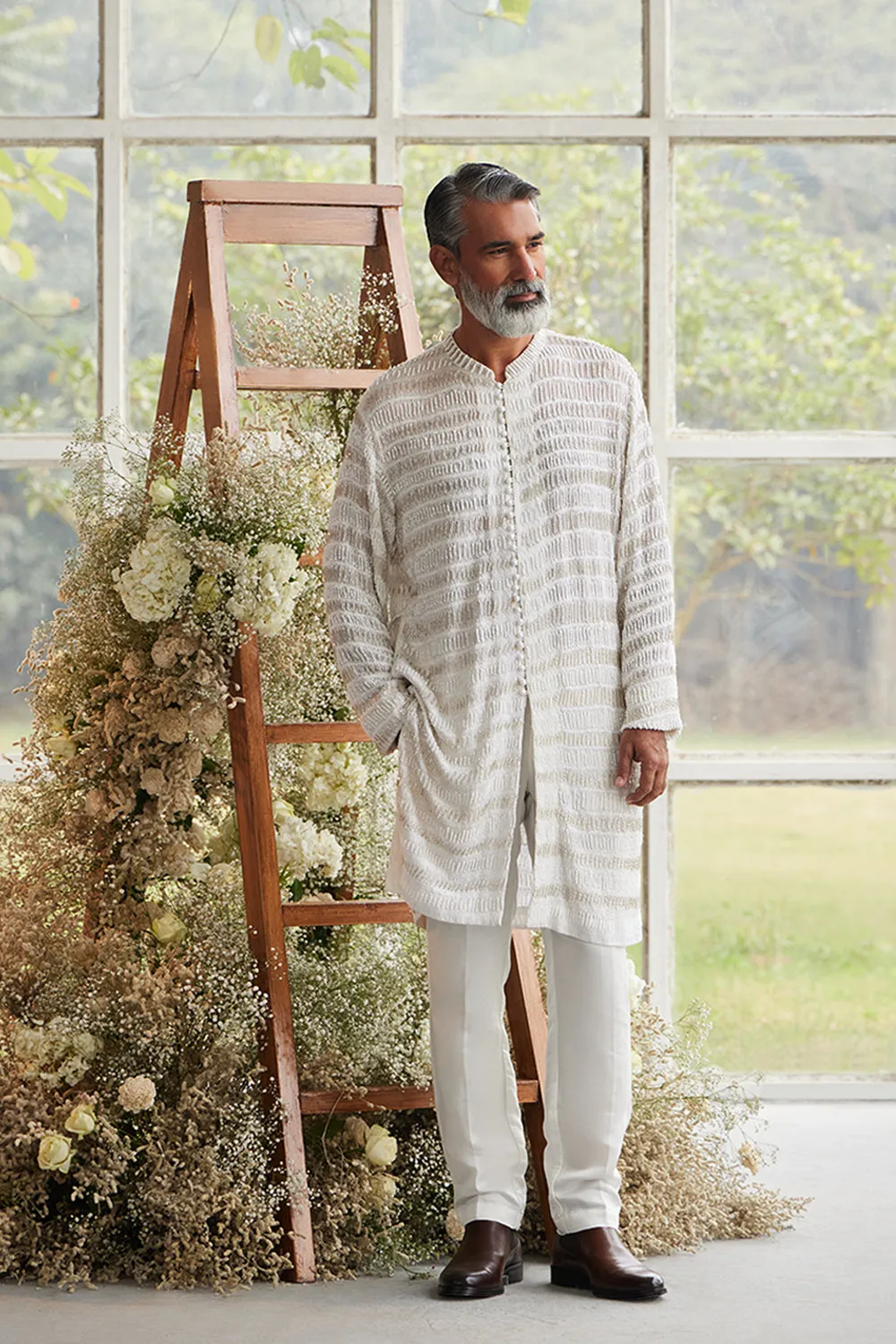 Ecru Beaded Kurta with Classic Linen Pants