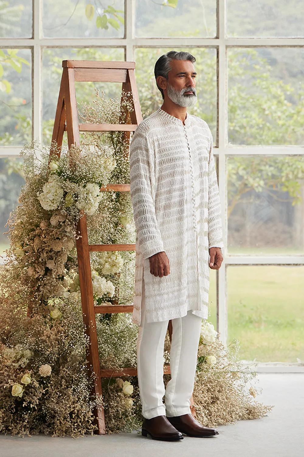 Ecru Beaded Kurta with Classic Linen Pants