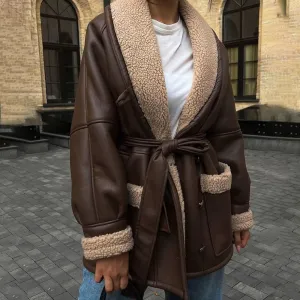 Evelina | Faux Leather Sherpa Coat – Cozy Brown & Khaki Outerwear, Belted Waist, Stylish Oversized Collar for Winter Warmth