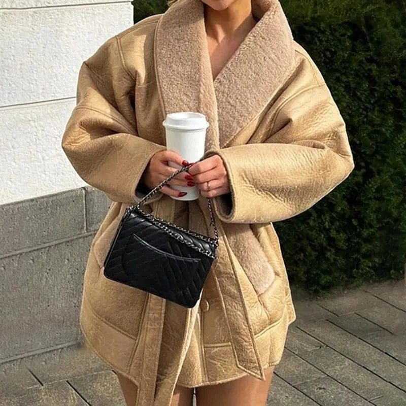 Evelina | Faux Leather Sherpa Coat – Cozy Brown & Khaki Outerwear, Belted Waist, Stylish Oversized Collar for Winter Warmth