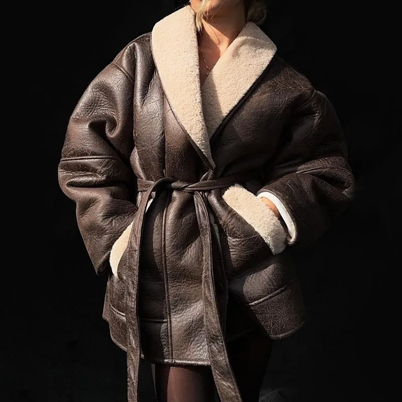 Evelina | Faux Leather Sherpa Coat – Cozy Brown & Khaki Outerwear, Belted Waist, Stylish Oversized Collar for Winter Warmth
