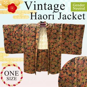 Gender-Neutral Vintage Haori Jacket ,Colorful leaf pattern on black background