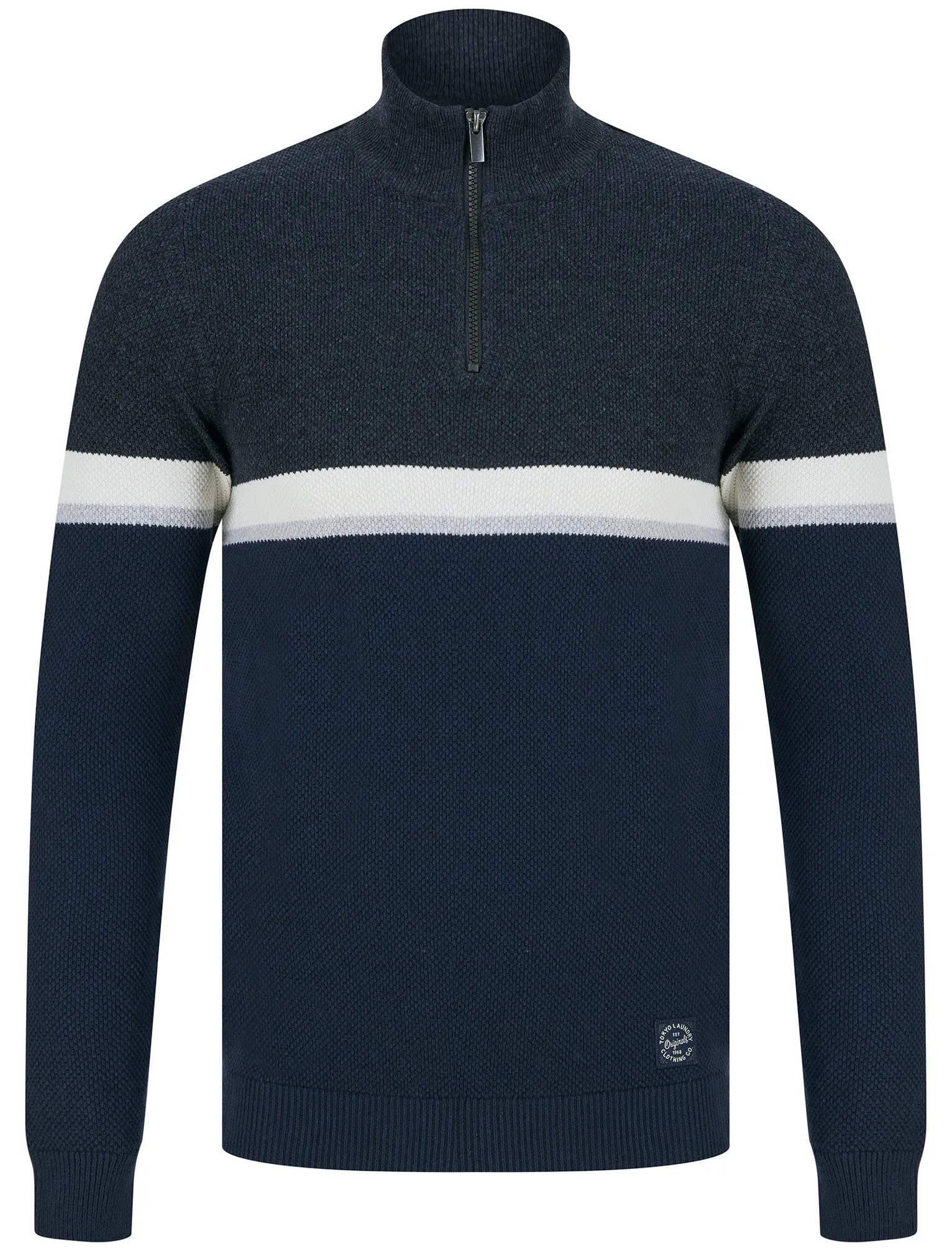 Nimri Cotton Rich Quarter Zip Funnel Neck Knitted Colour Block Jumper in Navy - Tokyo Laundry