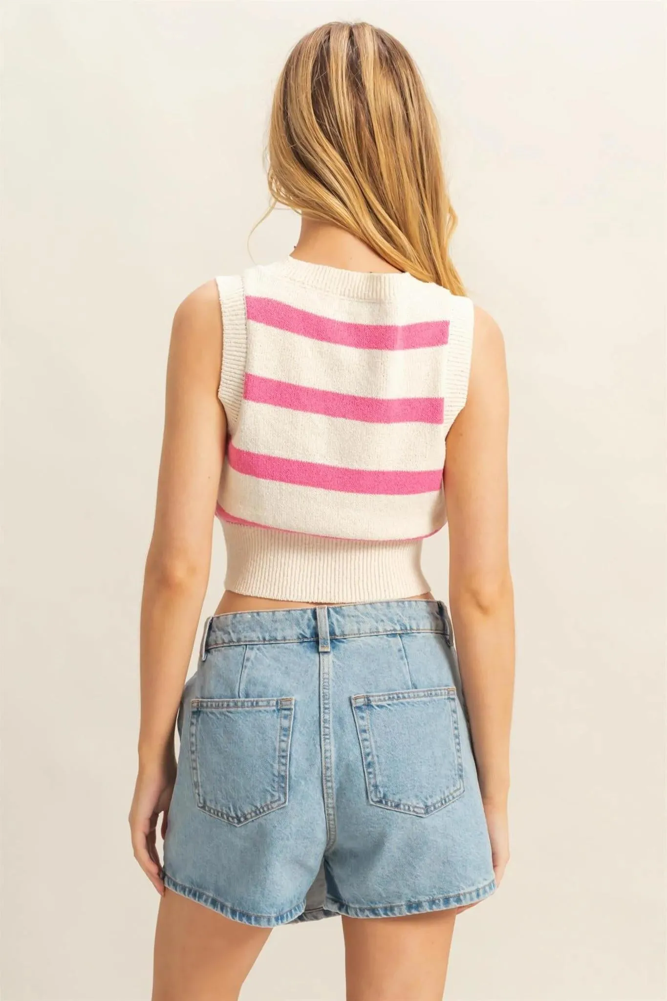 Pink V Neck Striped Knit Crop Vest