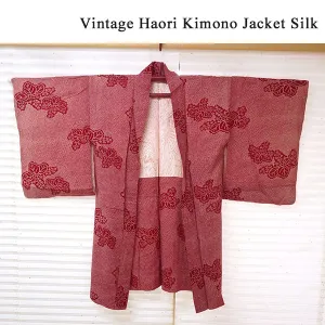 Vintage Haori Kimono Jacket Silk, Classic Red base, “Kanoko” , Paulownia Design
