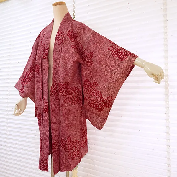 Vintage Haori Kimono Jacket Silk, Classic Red base, “Kanoko” , Paulownia Design