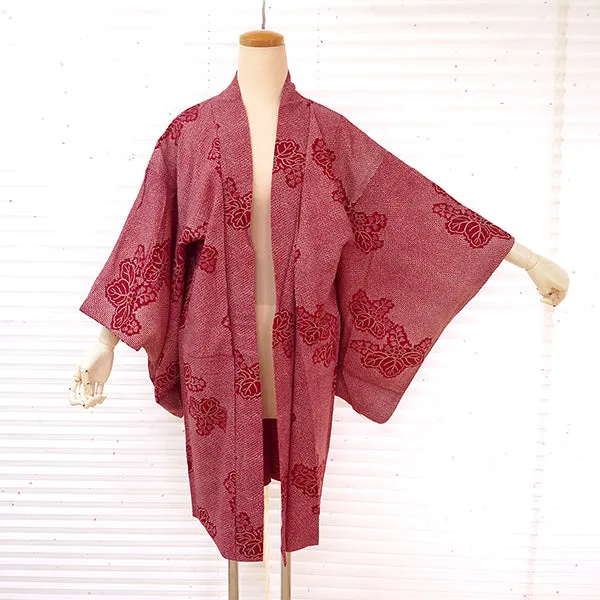 Vintage Haori Kimono Jacket Silk, Classic Red base, “Kanoko” , Paulownia Design