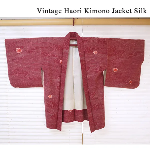 Vintage Haori Kimono Jacket Silk, Deep Red-Purple base, Textured Flowers
