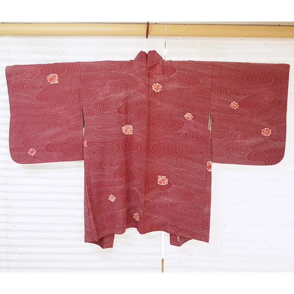 Vintage Haori Kimono Jacket Silk, Deep Red-Purple base, Textured Flowers