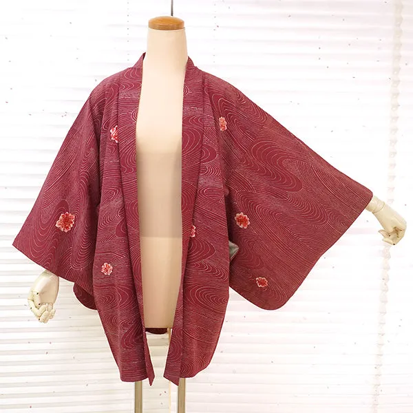 Vintage Haori Kimono Jacket Silk, Deep Red-Purple base, Textured Flowers