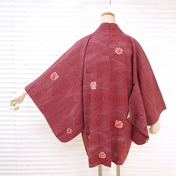 Vintage Haori Kimono Jacket Silk, Deep Red-Purple base, Textured Flowers