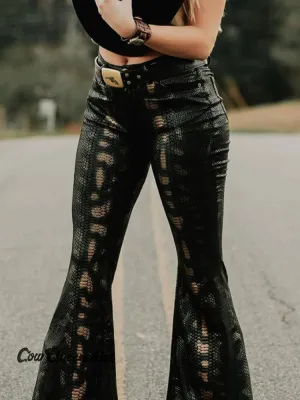 Women's Snake Leather Skinny Flared Pants